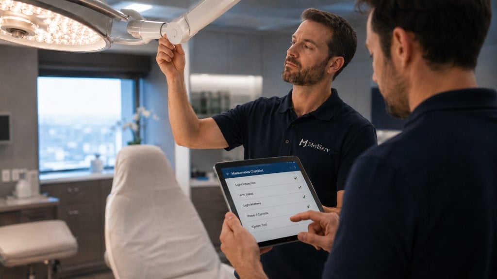 MedServ technician inspecting a surgical light fixture in a medical office while a colleague uses the MedServ maintenance platform on a tablet to complete a digital checklist.